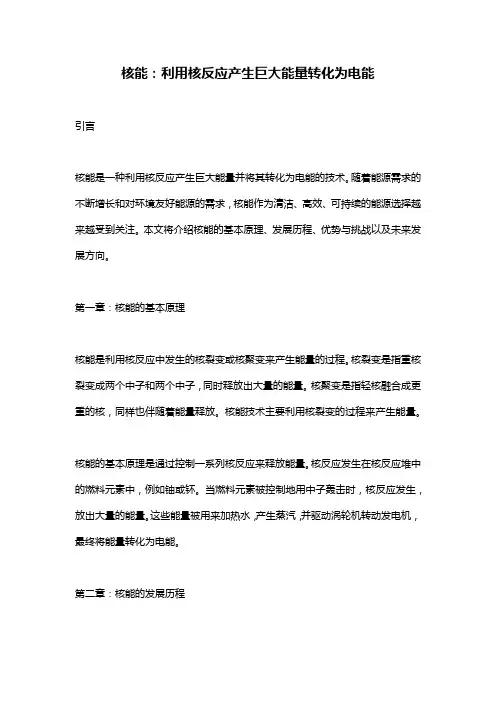 核能：利用核反应产生巨大能量转化为电能