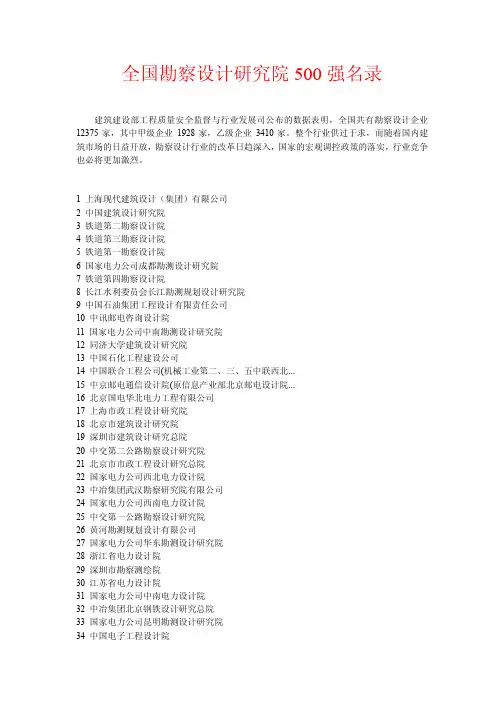 全国勘察设计研究院500强名录