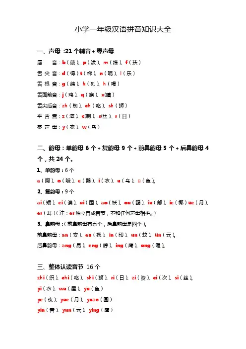 小学一年级语文汉语拼音知识大全(附练习)