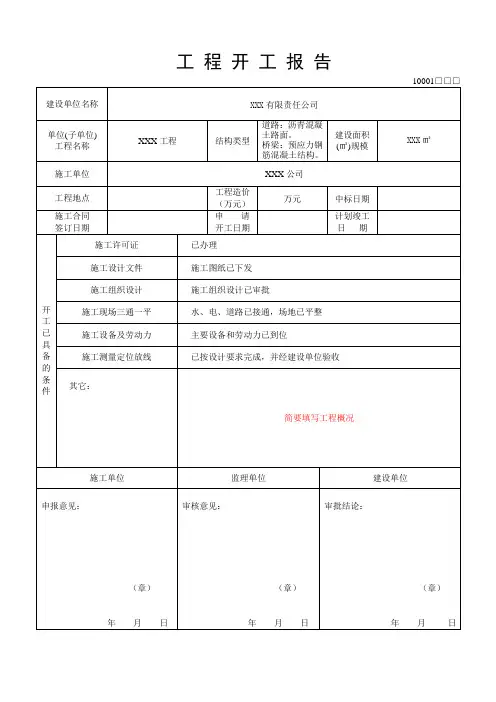 2021年最新版  工程开工报告表格