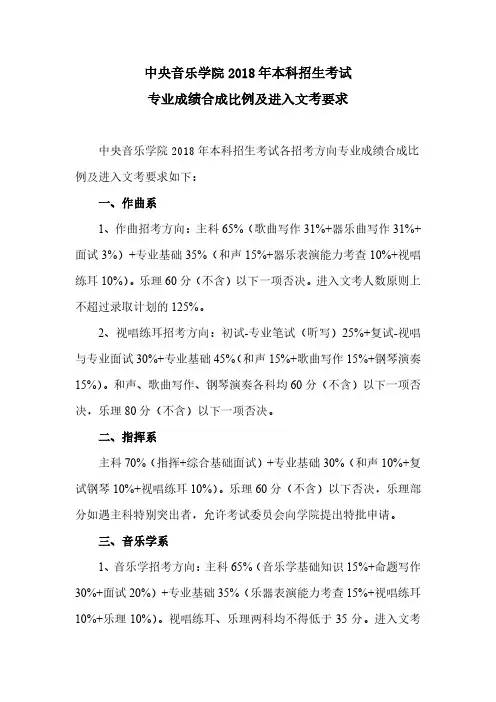 中央音乐学院2018年本科招生考试专业成绩合成比例及进入文考要求