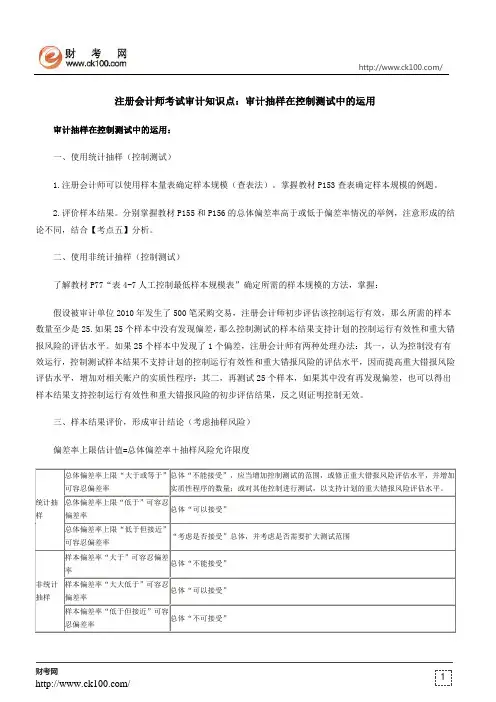 注册会计师考试审计知识点：审计抽样在控制测试中的运用