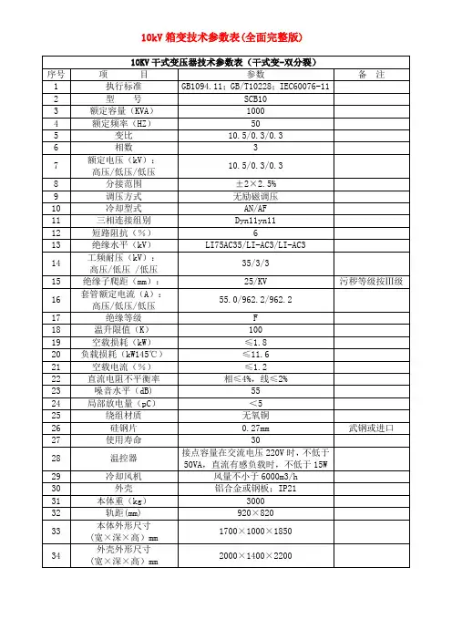 10kV箱变技术参数表(全面完整版)