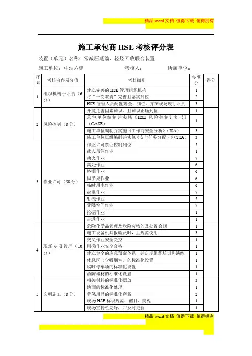 施工承包商HSE考核评分表