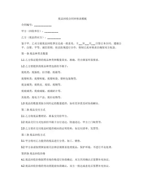废品回收合同审核表模板