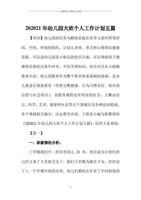 幼儿园大班个人精品工作计划五篇