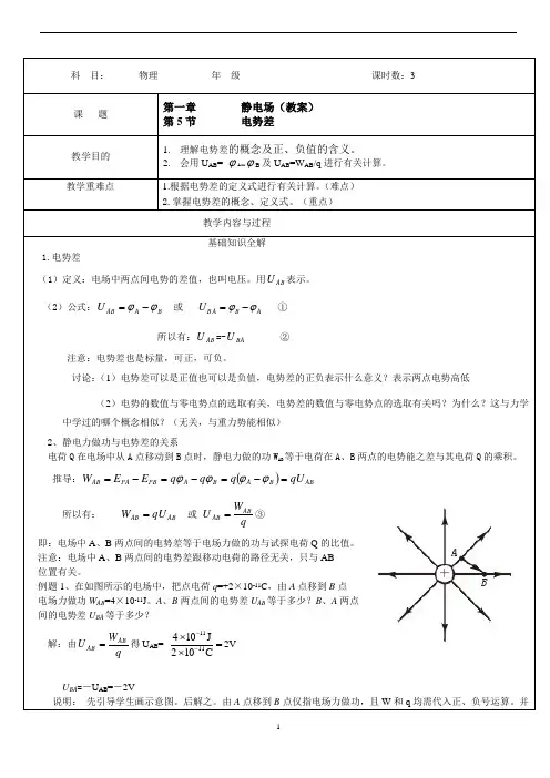 高中物理电学精讲：电势差