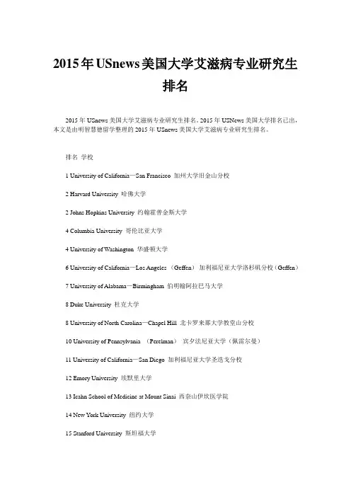 2015年USnews美国大学艾滋病专业研究生排名