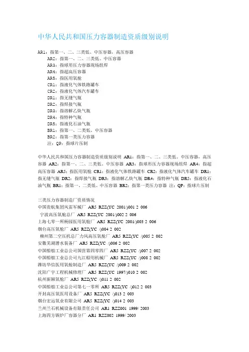 中华人民共和国压力容器制造资质级别说明