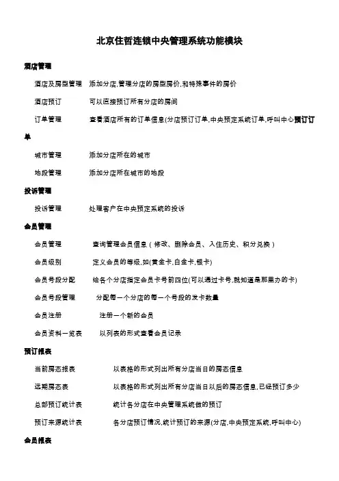 北京住哲连锁酒店管理系统功能模块
