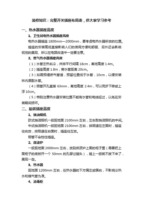 装修知识：完整开关插座布局表，供大家学习参考