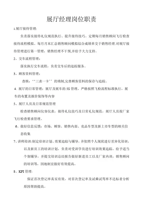 汽车4S店展厅经理岗位职责