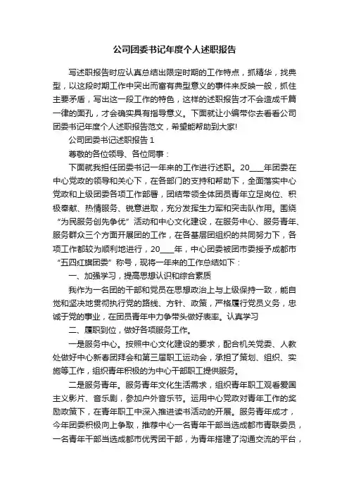 公司团委书记年度个人述职报告