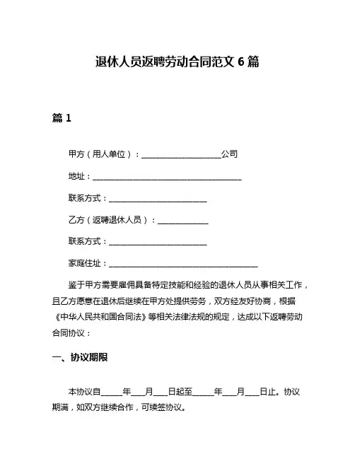 退休人员返聘劳动合同范文6篇