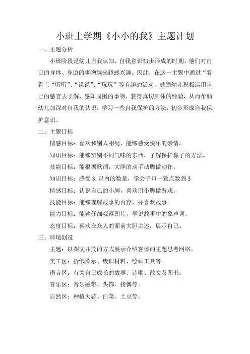幼儿园小班《小小的我》主题计划