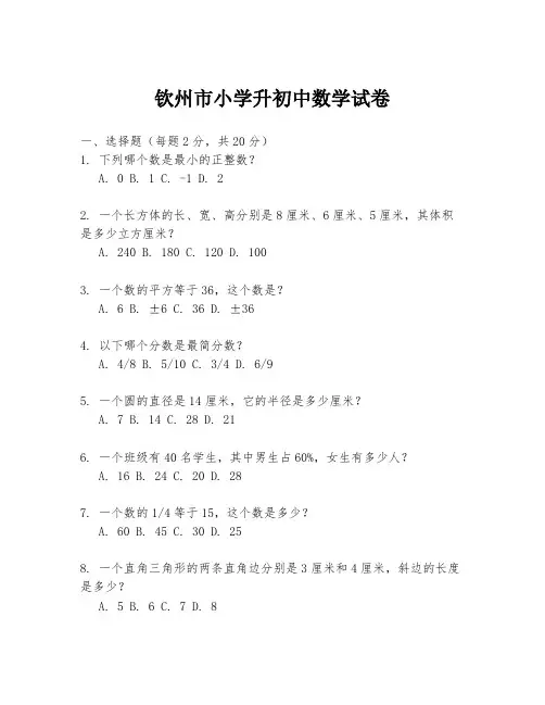 钦州市小学升初中数学试卷