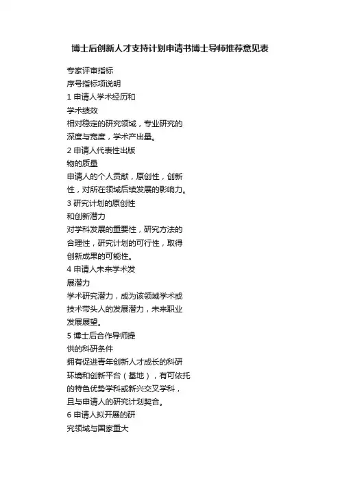 博士后创新人才支持计划申请书博士导师推荐意见表