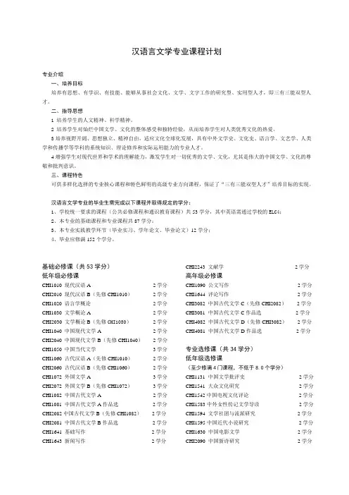汉语言文学专业课程计划