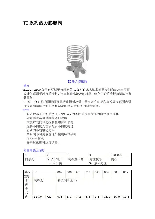 艾默生TI系列ZZ系列T系列AB系列HF系列TX6系列TRAE系列膨胀阀及电子膨胀阀型号详细说明
