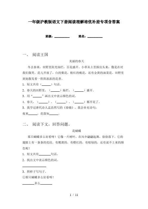 一年级沪教版语文下册阅读理解培优补差专项含答案