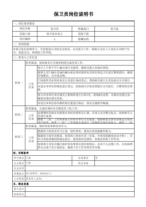 保卫员岗位说明书