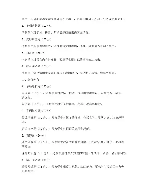 一年级小学语文试卷结构分值