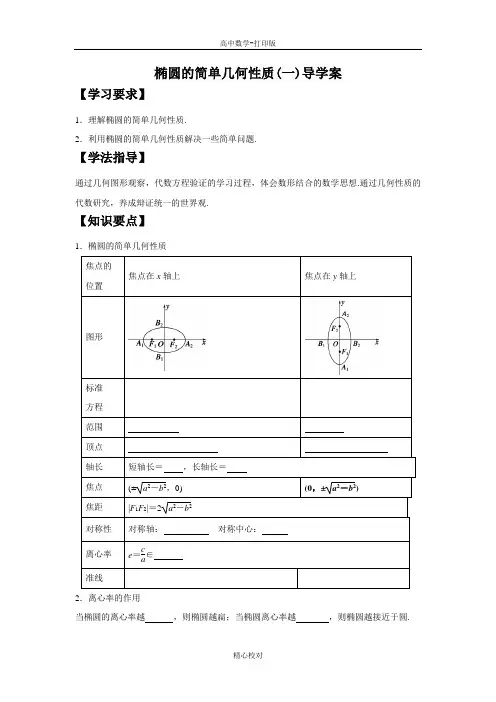 人教新课标版数学高二高二数学新人教版选修2-1导学案 椭圆的简单几何性质(一)