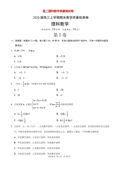 2020届高三上学期期末理科数学质量检测卷(全解全析)
