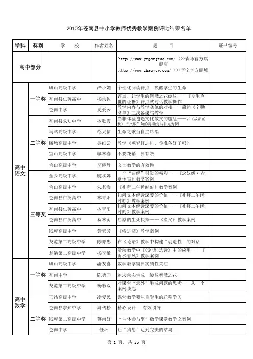 2010年苍南县中小学(幼儿园)案例评比结果名单
