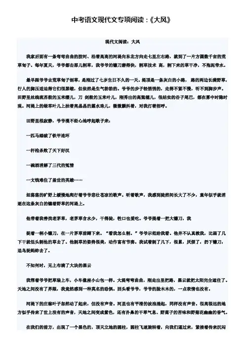 2019年中考语文现代文专项阅读：《大风》(含答案)