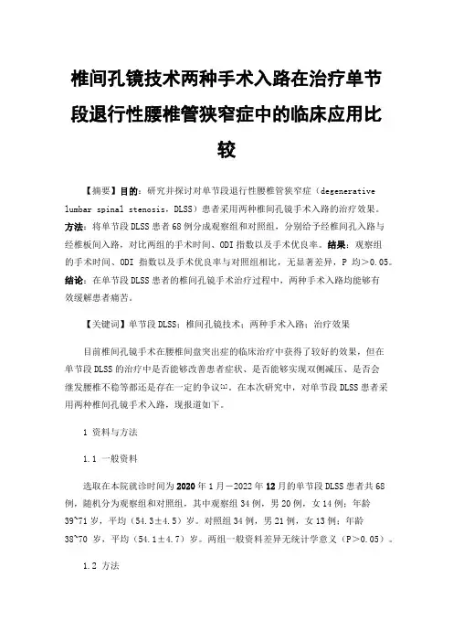 椎间孔镜技术两种手术入路在治疗单节段退行性腰椎管狭窄症中的临床应用比较