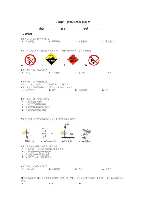 云南初三初中化学期末考试带答案解析
