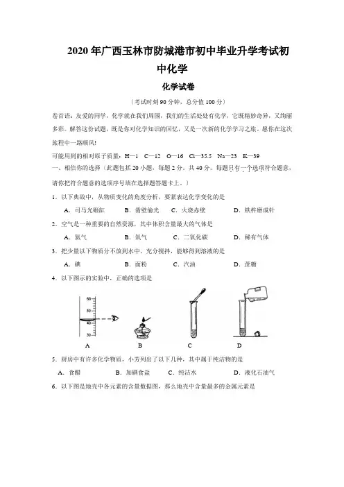 2020年广西玉林市防城港市初中毕业升学考试初中化学
