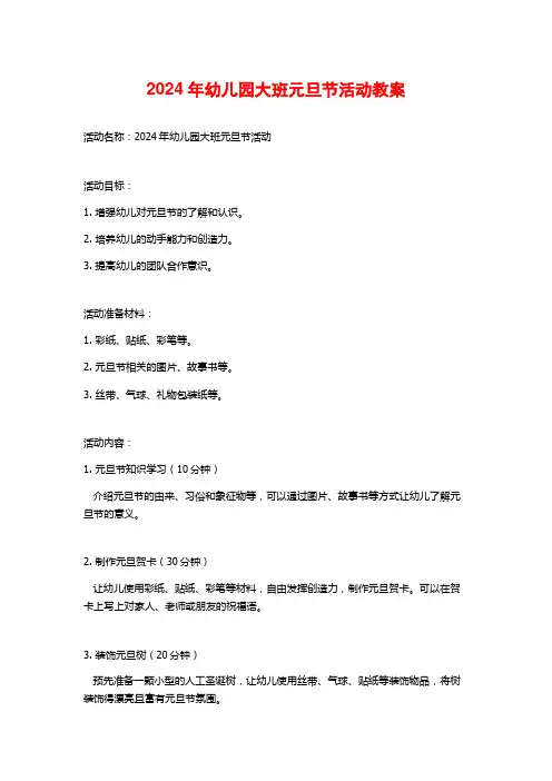 2024年幼儿园大班元旦节活动教案