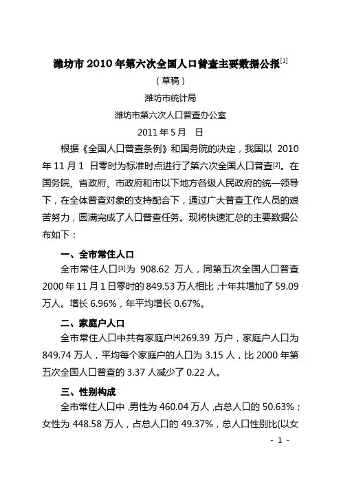 潍坊市2010年人口普查主要数据公报