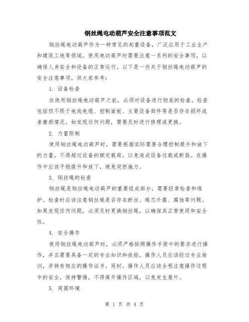 钢丝绳电动葫芦安全注意事项范文（二篇）