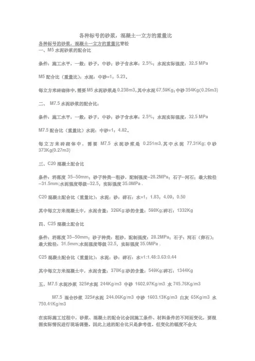 各种标号的砂浆,混凝土一立方的重量比