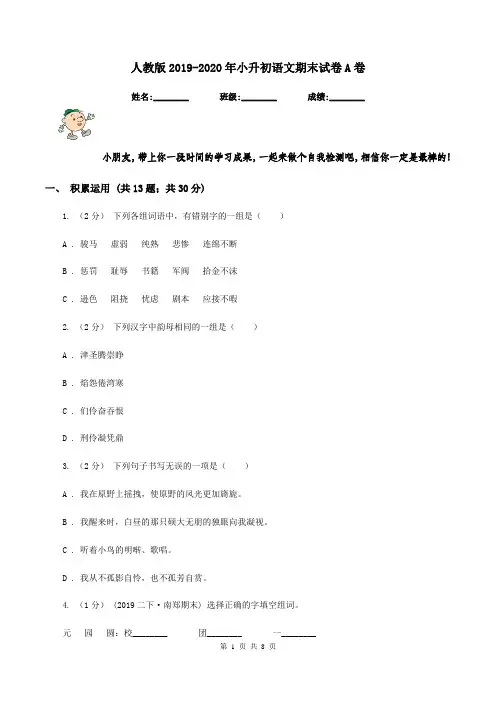 人教版2019-2020年小升初语文期末试卷A卷