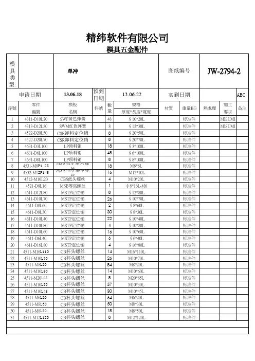 JW EM 模具零件清单