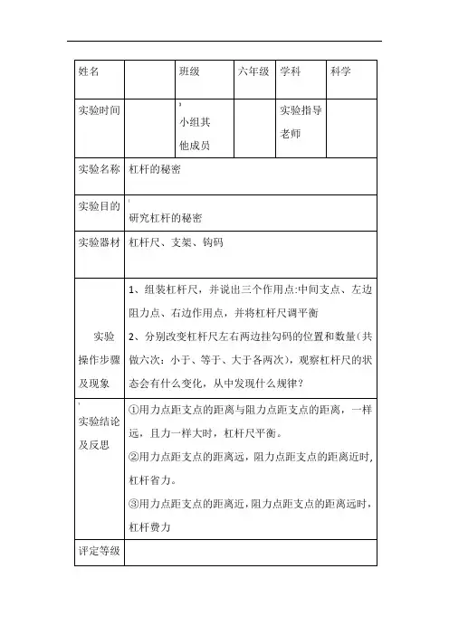 小学科学六年级上册杠杆尺的秘密实验报告单【人教部编版】