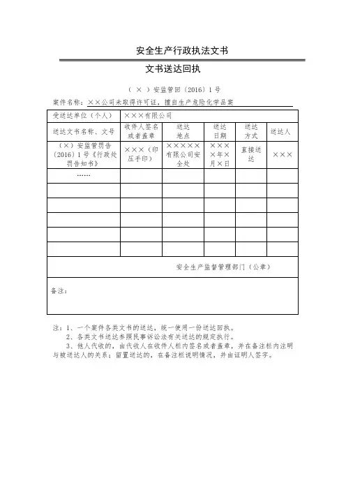 安全生产行政执法文书文书送达回执