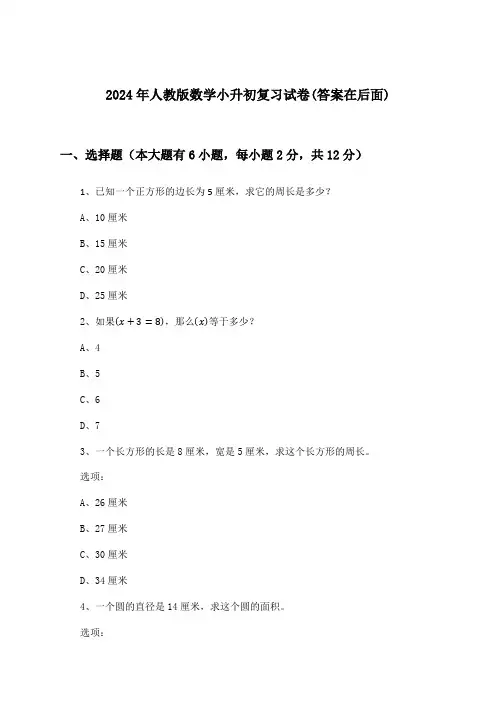 2024年人教版小升初数学试卷及解答参考