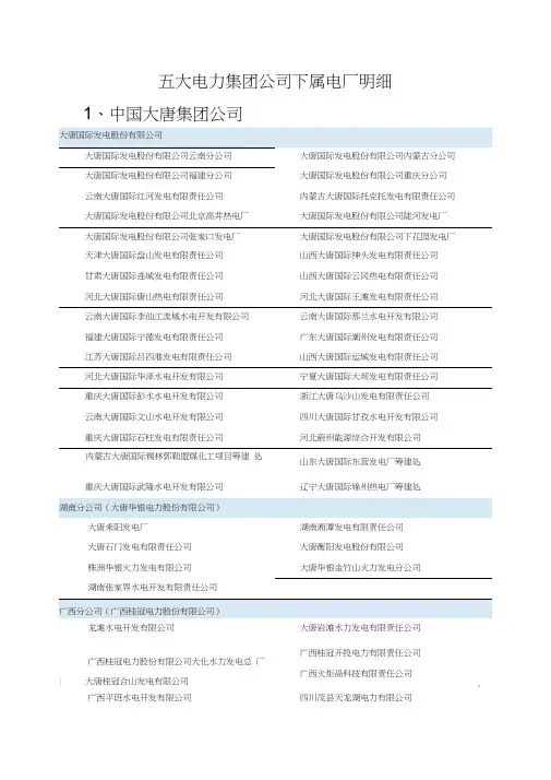 五大电力集团公司下属电厂明细资料