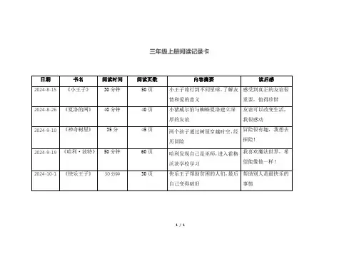 三年级上册阅读记录卡