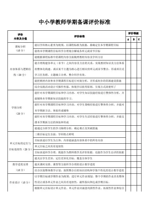 中小学教师学期备课评价标准