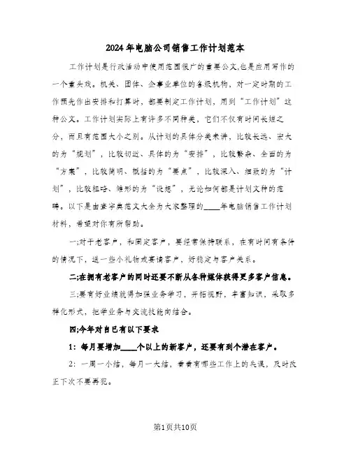 2024年电脑公司销售工作计划范本（五篇）