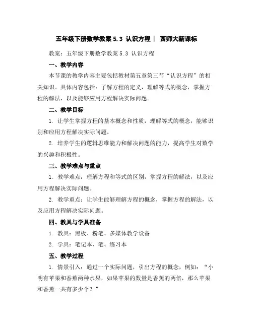 五年级下册数学教案-5.3认识方程︳西师大新课标