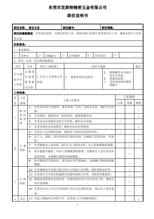人事部前台文员职位说明书