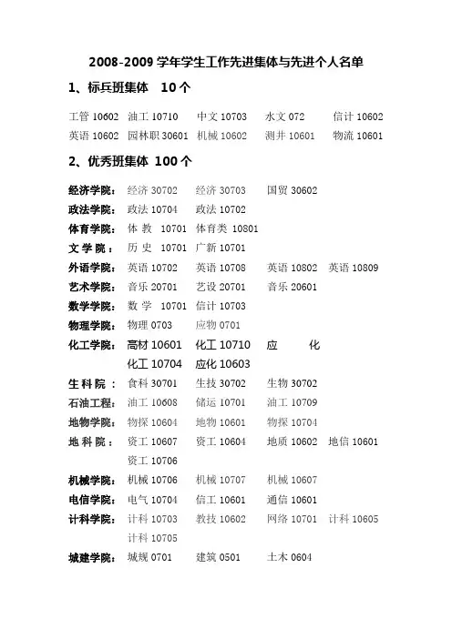 2008-2009学年学生工作先进集体与先进个人名单
