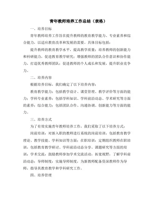 青年教师培养工作总结(表格)
